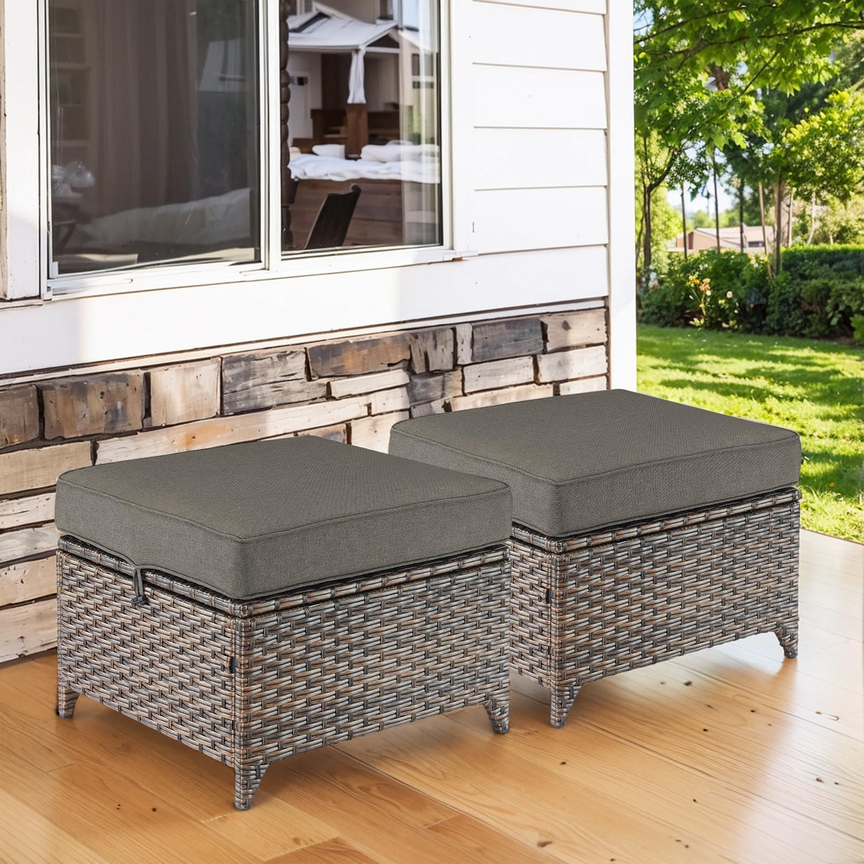 Outdoor Wicker Ottomans Rattan Footrests - Heavy Duty Outside Resin Rattan