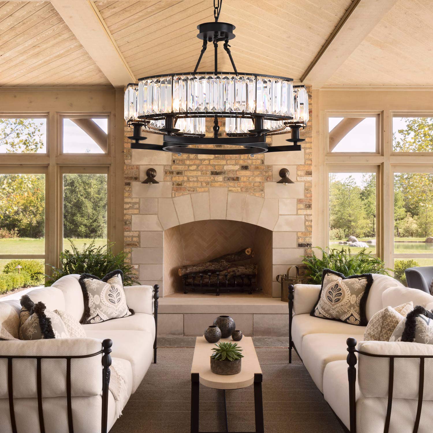 Round Crystal Chandelier Black Modern Industrial Pendant 6 Lights