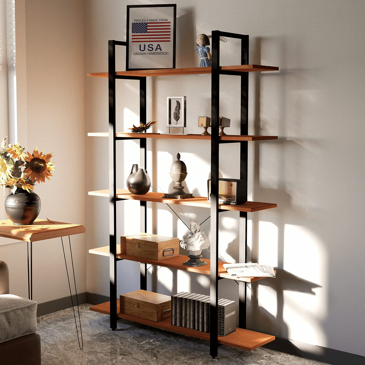 Industrial Bookshelf, USA Grown Hardwood, Real Wood Bookshelves, Modern Open Rustic Bookcase, Storage Shelf, Display Shelf, Poplar Solid Wood-5 Tier Shelf