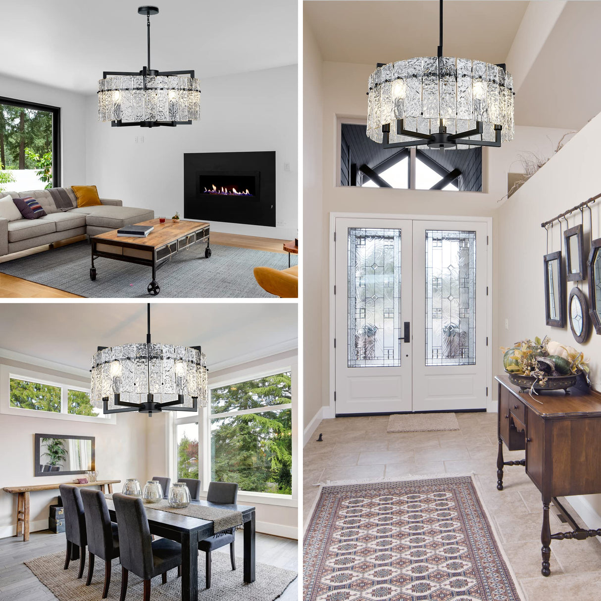 Modern Black Crystal Chandeliers for Dining Room, Luxury Water Ripple Glass Light Fixture