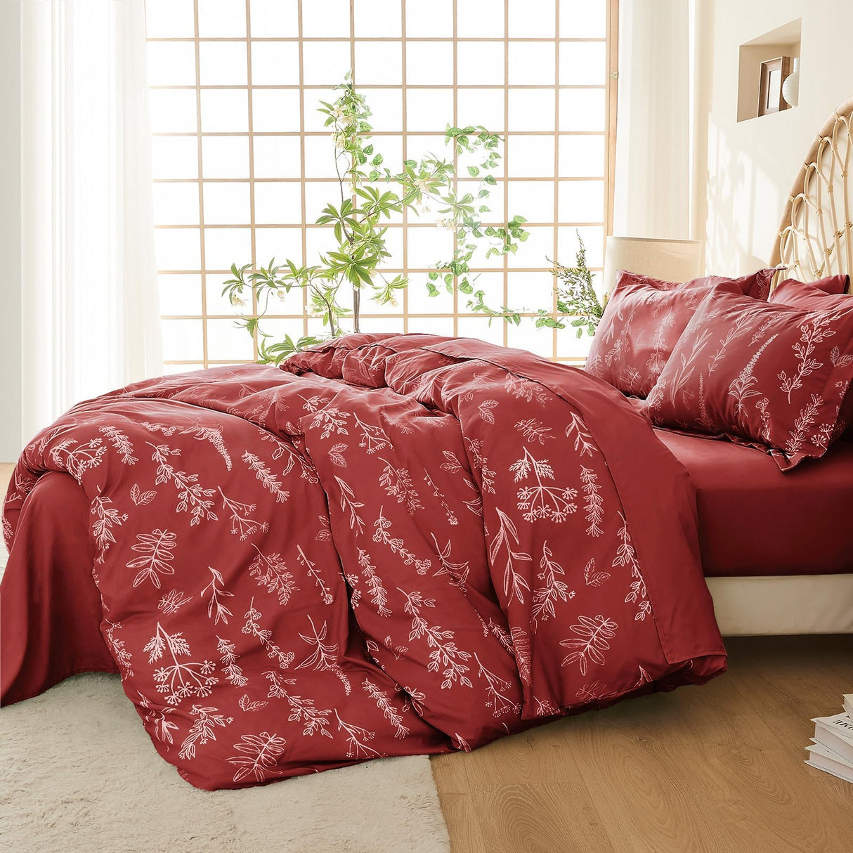 Terracotta Bed in a Bag Queen 7 Pieces, Queen Comforter Set Reversible Botanical Flowers Design,