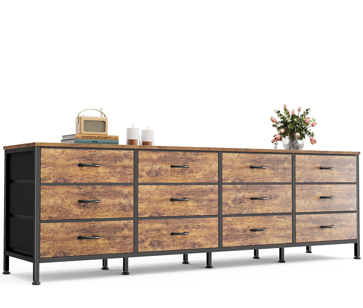 70 Inch Dresser for Bedroom, TV Stand for 65, 75, 80 Inch TV, 12 Fabric Drawer Long