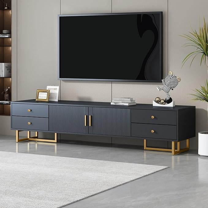 70" Modern TV Stand with 4 Storage Drawers and Groove Pattern Doors