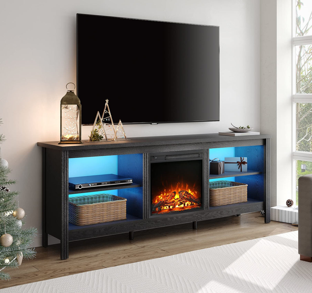 Fireplace TV Stand for 75+ Inch TV with Blue LED Light, Wood Entertainment Center