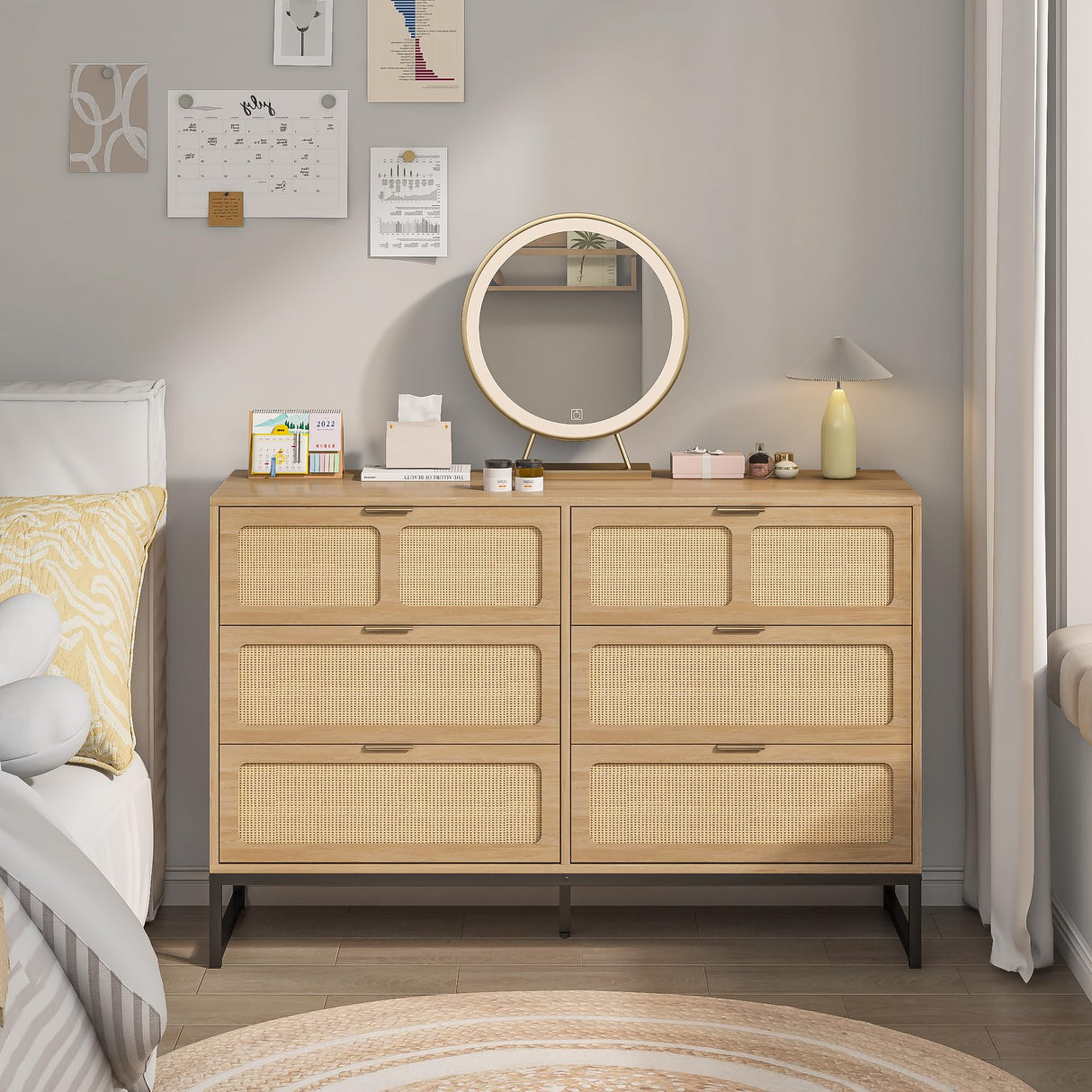 3 Piece Bedroom Set with 6 Drawer Dresser and Nightstand Sets Boho Bedroom