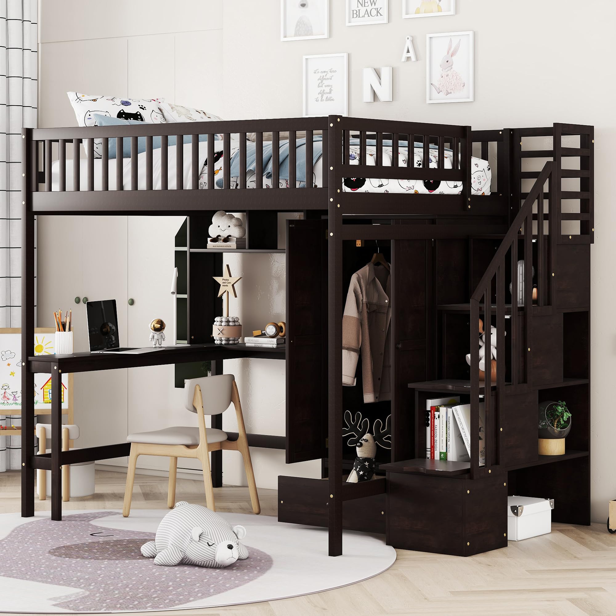 Loft Beds Stairway Loft Bed Frame with Wardrobe, Desk, Bookcase and Drawers, Espresso