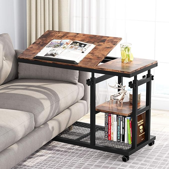 TribeLift Adjustable Rolling C-Shaped Snack Table with Tilt Top & Storage