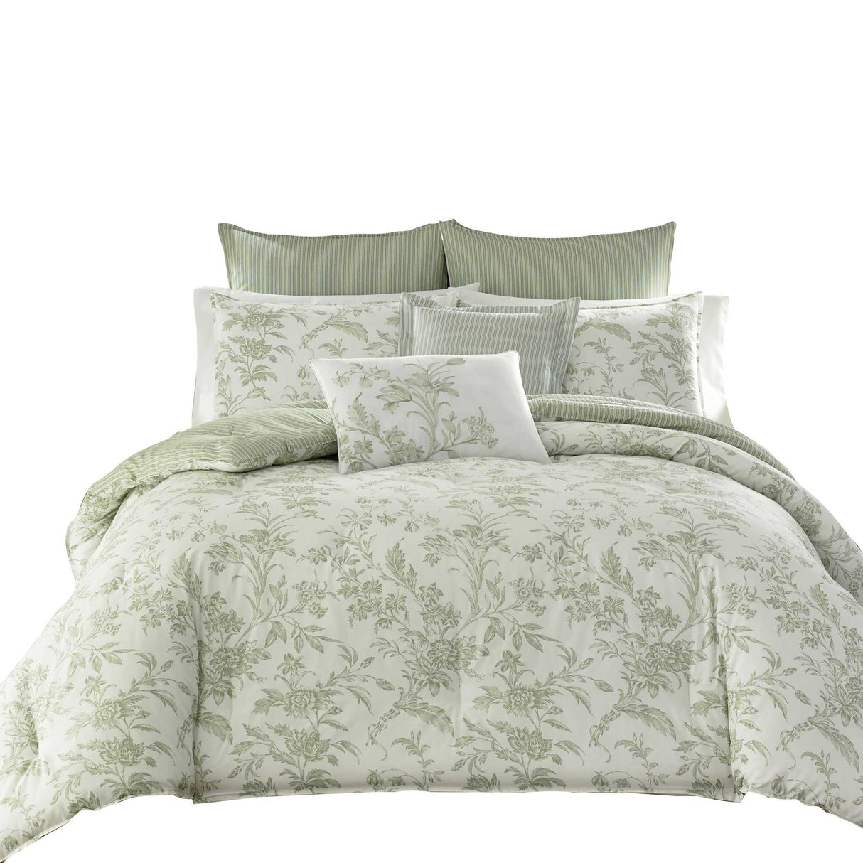 Laura Ashley Home - King Size Comforter Set, Reversible Cotton Bedding, Includes Matching Shams with Bonus Euro Shams & Throw Pillows (Natalie Sage/Off White, King)