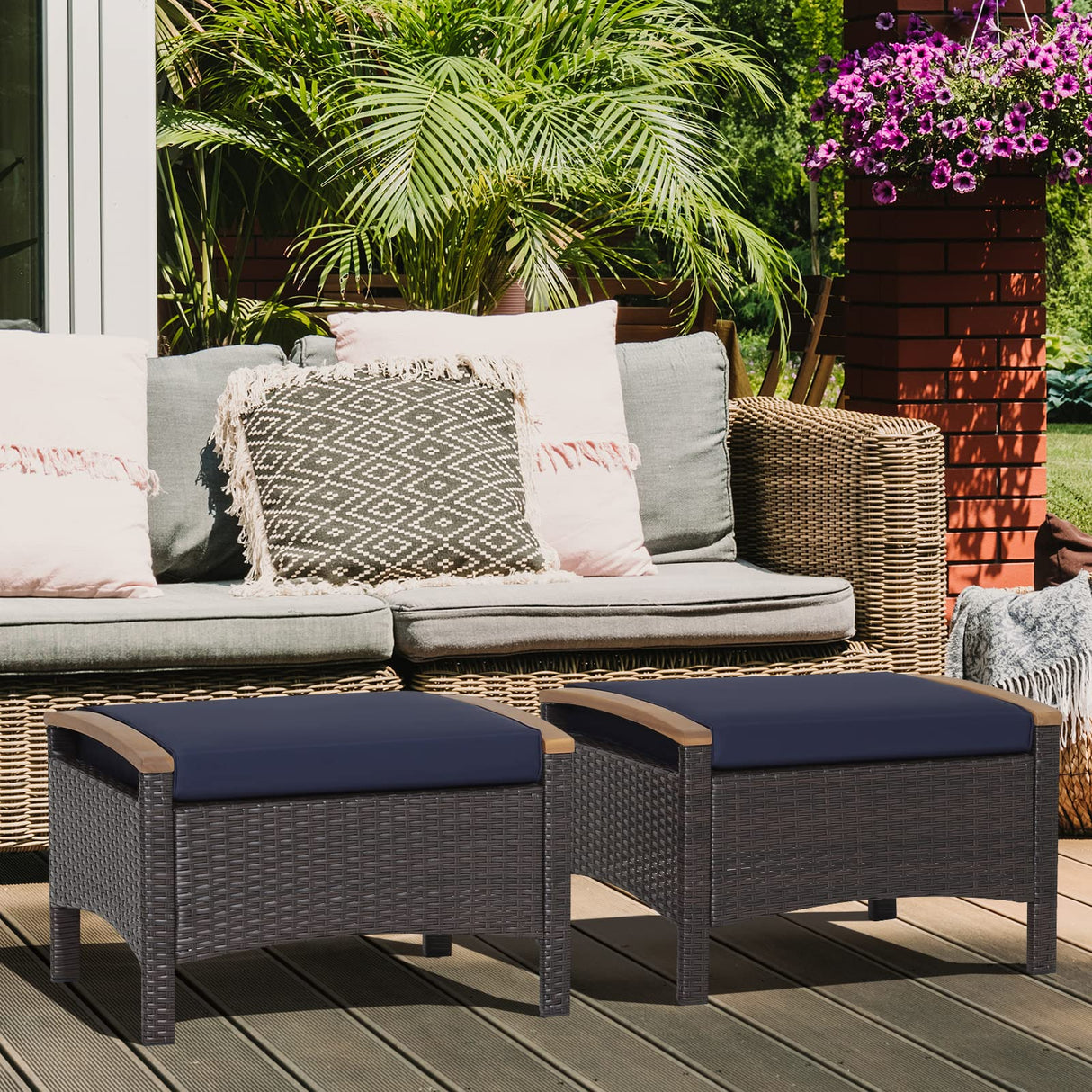 Outdoor Wicker Ottomans for Patio - 2 Pieces PE Rattan Ottoman