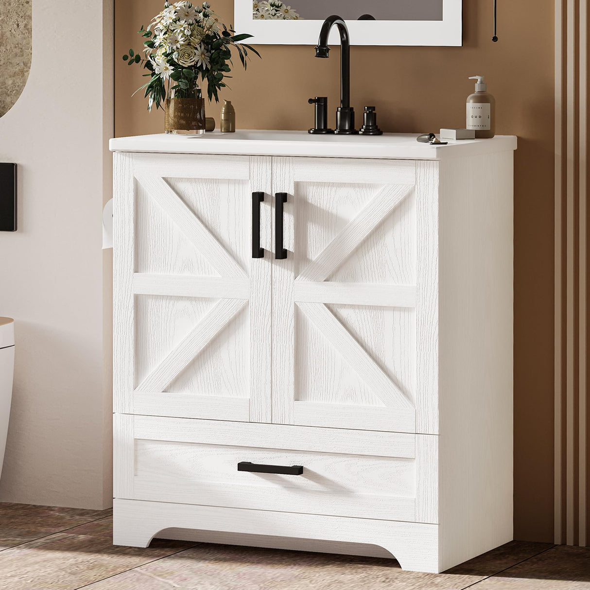 Bathroom Vanity, 30" Bathroom Vanity with Sink, Farmhouse Wood Fixture Stand Pedestal