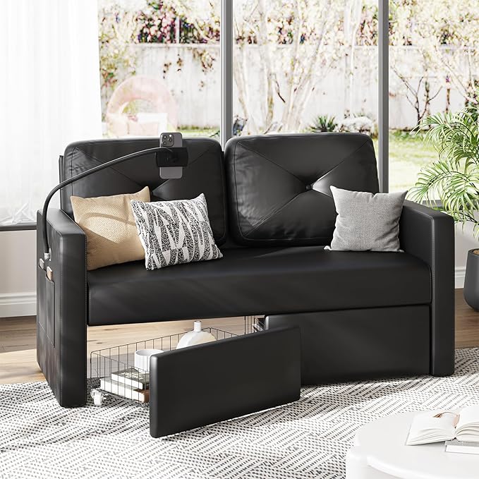 Brown Leather Couch with Storage, Modern Comfy Loveseat Sofa