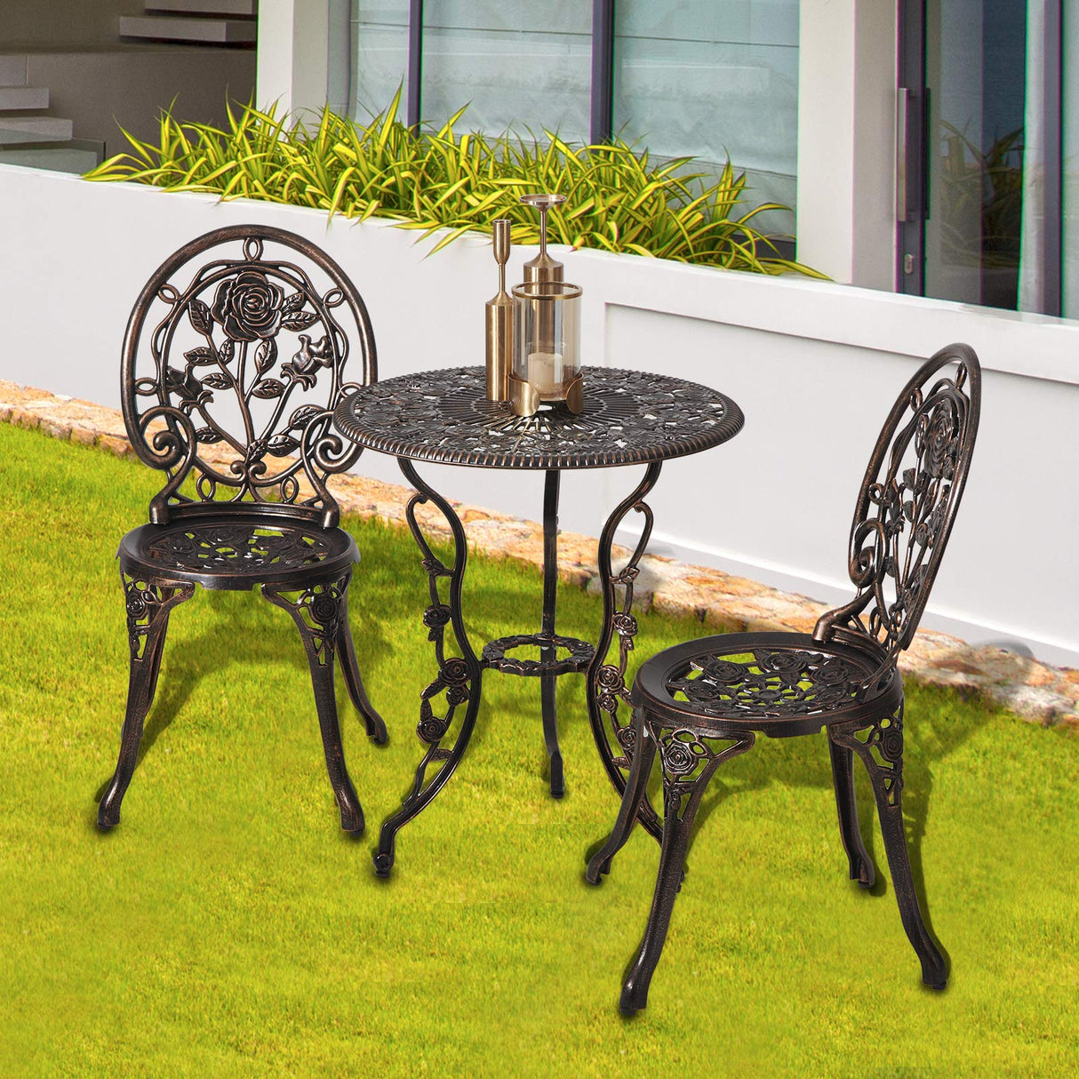 3-Piece Outdoor Bistro Table and Chairs Set - Rose Pattern Cast Aluminum Patio Furniture