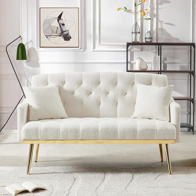 Velvet Loveseat Sofa, Modern Small Sofa Couch with Side Pocket and Golden Metal Legs