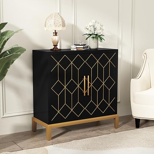 Sideboard Buffet Cabinet with 4 Doors&Shelves, Carved Decorative Accent Storage
