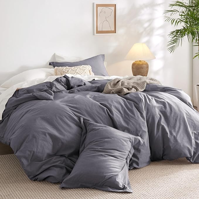 100% Stone Washed Cotton Duvet Cover King - Charcoal Minimalist Cotton Duvet Cover