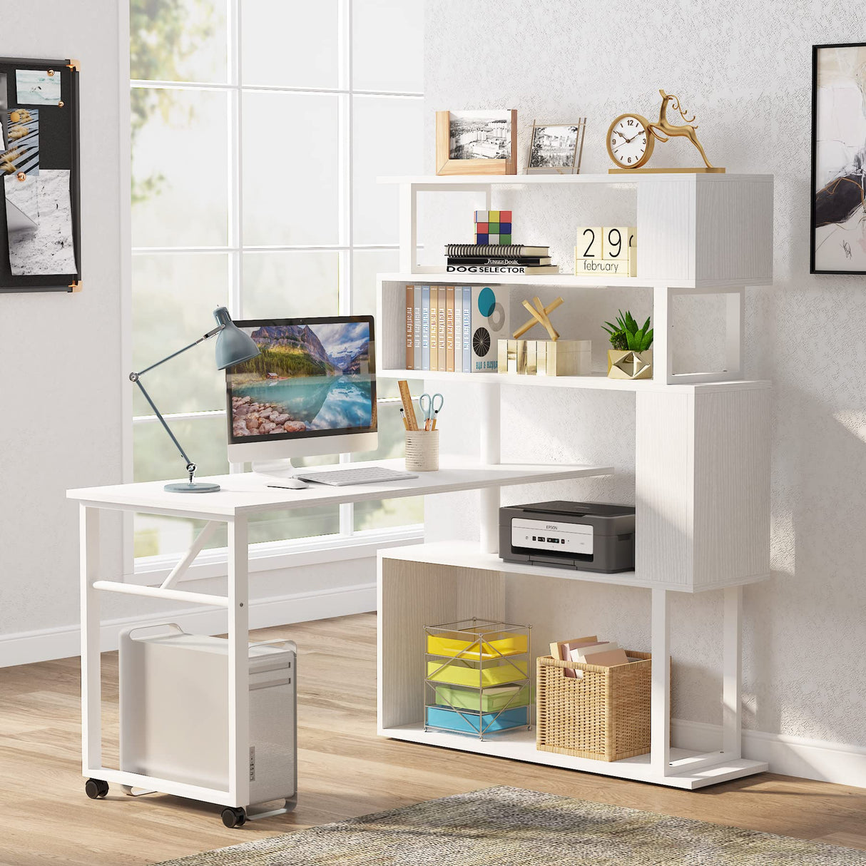 Rotating Computer Desk with 5 Shelves Bookshelf, Modern L-Shaped Corner Desk
