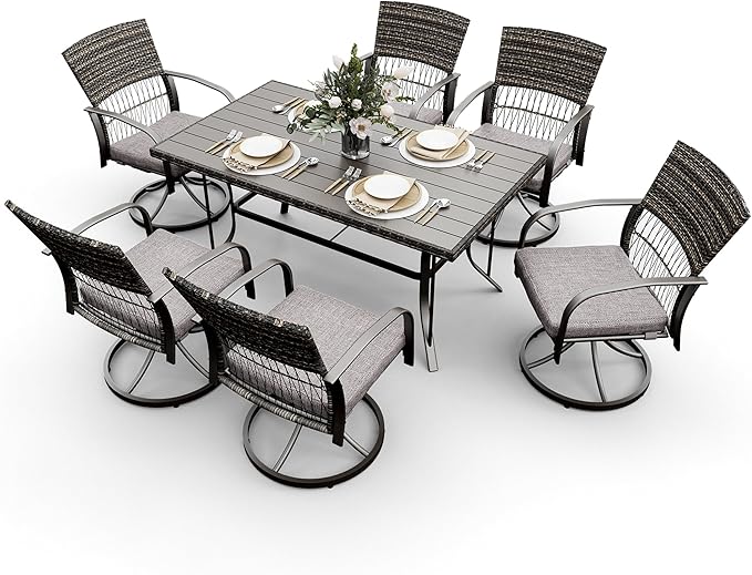 7 Piece Patio Dining Set for 6,Wicker Outdoor Furniture Set for Backyard Garden Deck Poolside