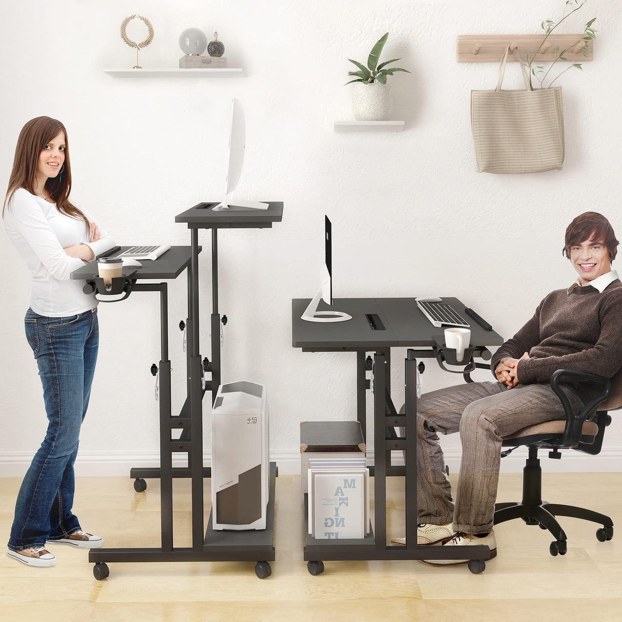 Mobile Standing Desk, Adjustable Rolling Computer Desk with 3 Desktops