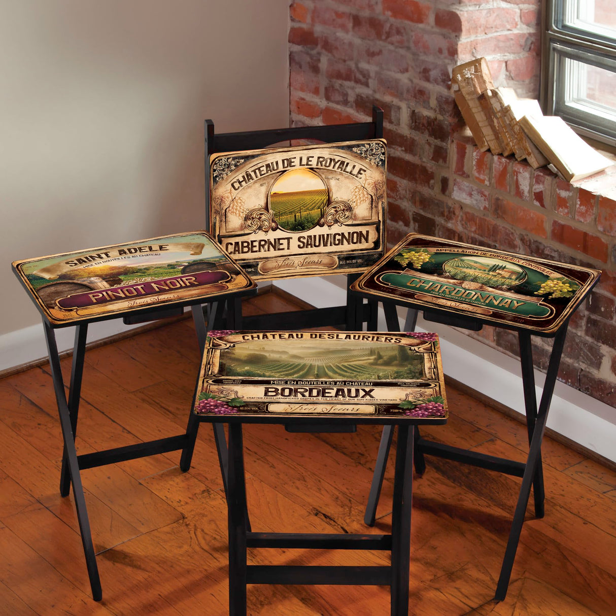 Wine Label Classic TV Trays Table | Set of 4 | Rectangular Folding Couch Trays