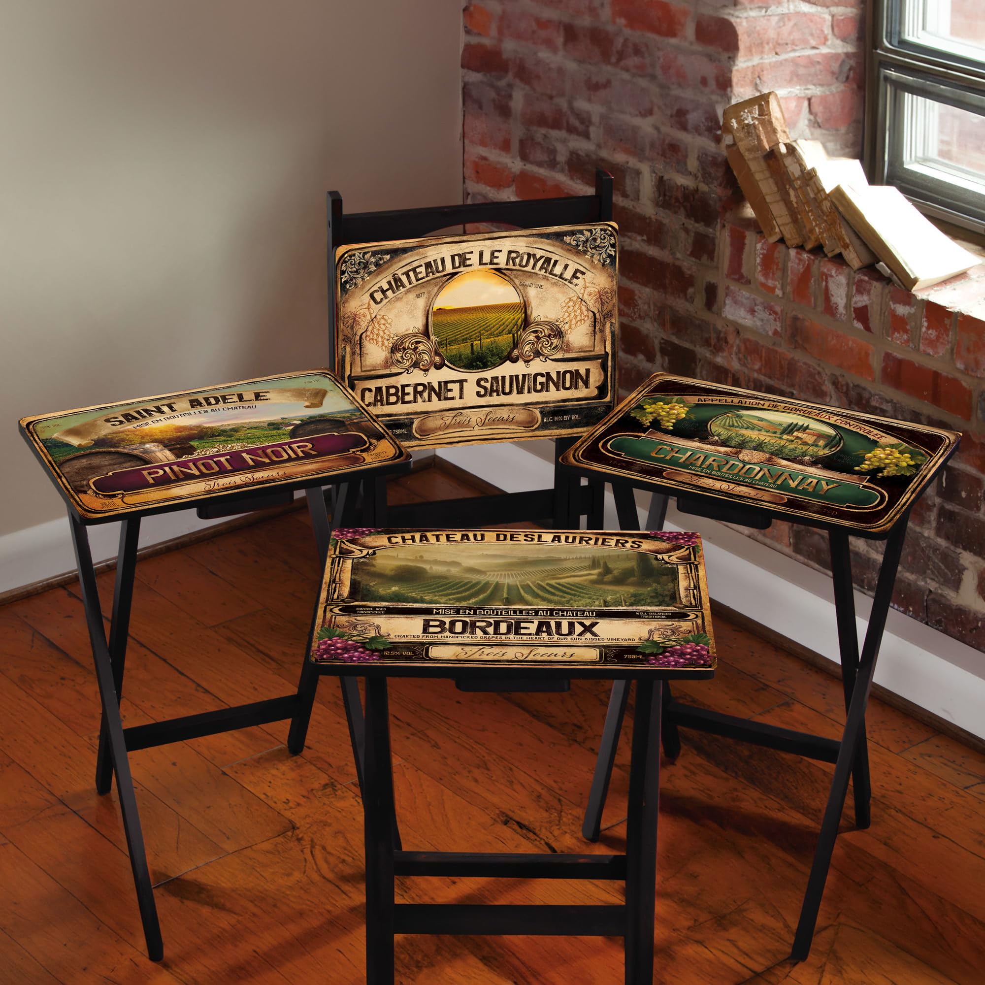 Wine Label Classic TV Trays Table | Set of 4 | Rectangular Folding Couch Trays