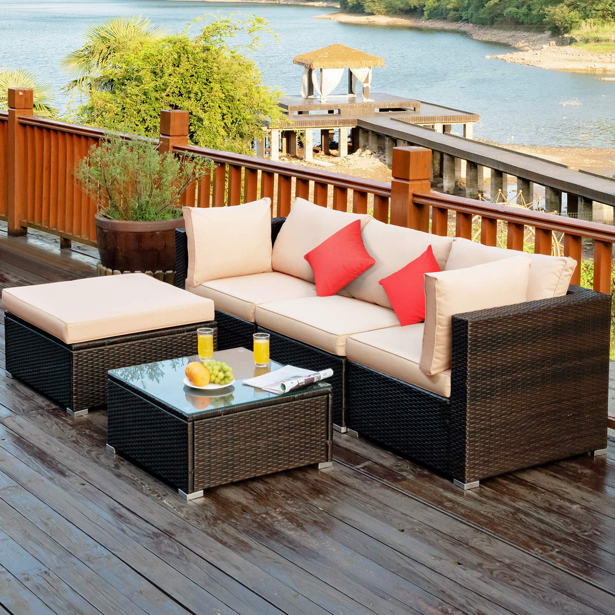 5-Piece Outdoor Patio Furniture Set, Glass Top Coffee Table and Lounge Sofa