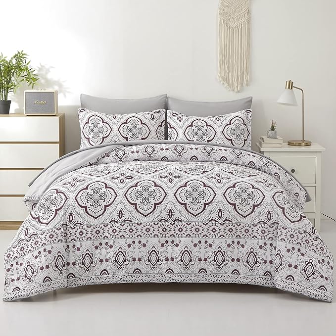 Boho Comforter Set Queen - 7 Pieces Bed in a Bag Floral Medallions Design, Bohemian