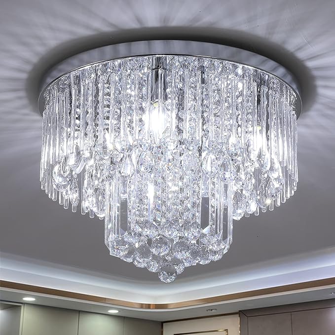 Gold Crystal Raindrop Chandelier Flush Mount Ceiling Light, 5 Lights Modern Round K9 Crystal Chandelier