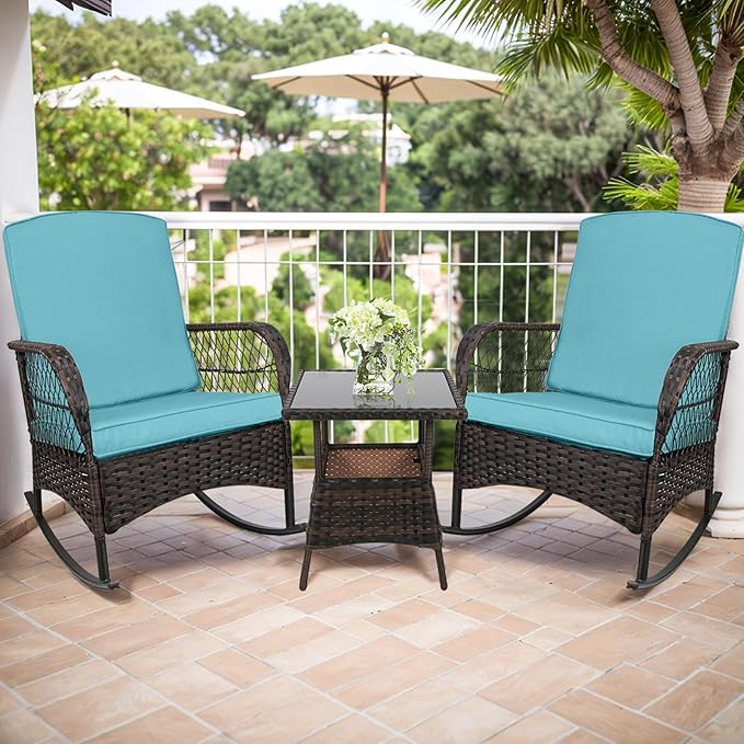 3 pcs Rocking Bistro Set Conversation Chairs PE Wicker Outdoor Chairs(Rocking Set,Khaki)