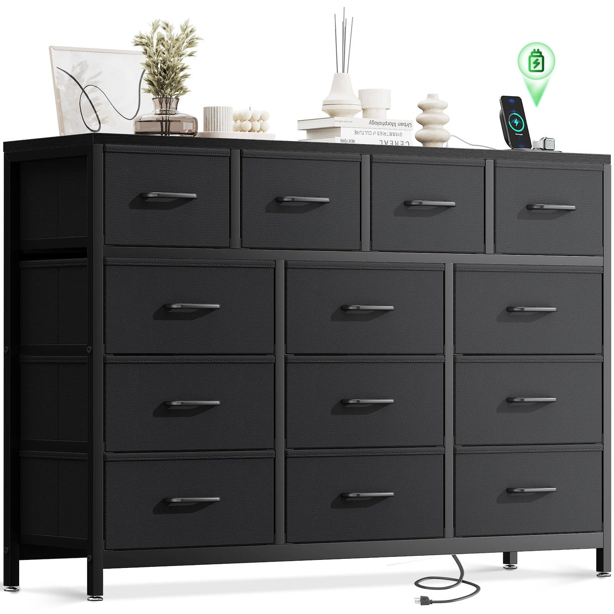 Bedroom with Charging Station, 57" Long Dresser with 13 Storage Drawers, Large