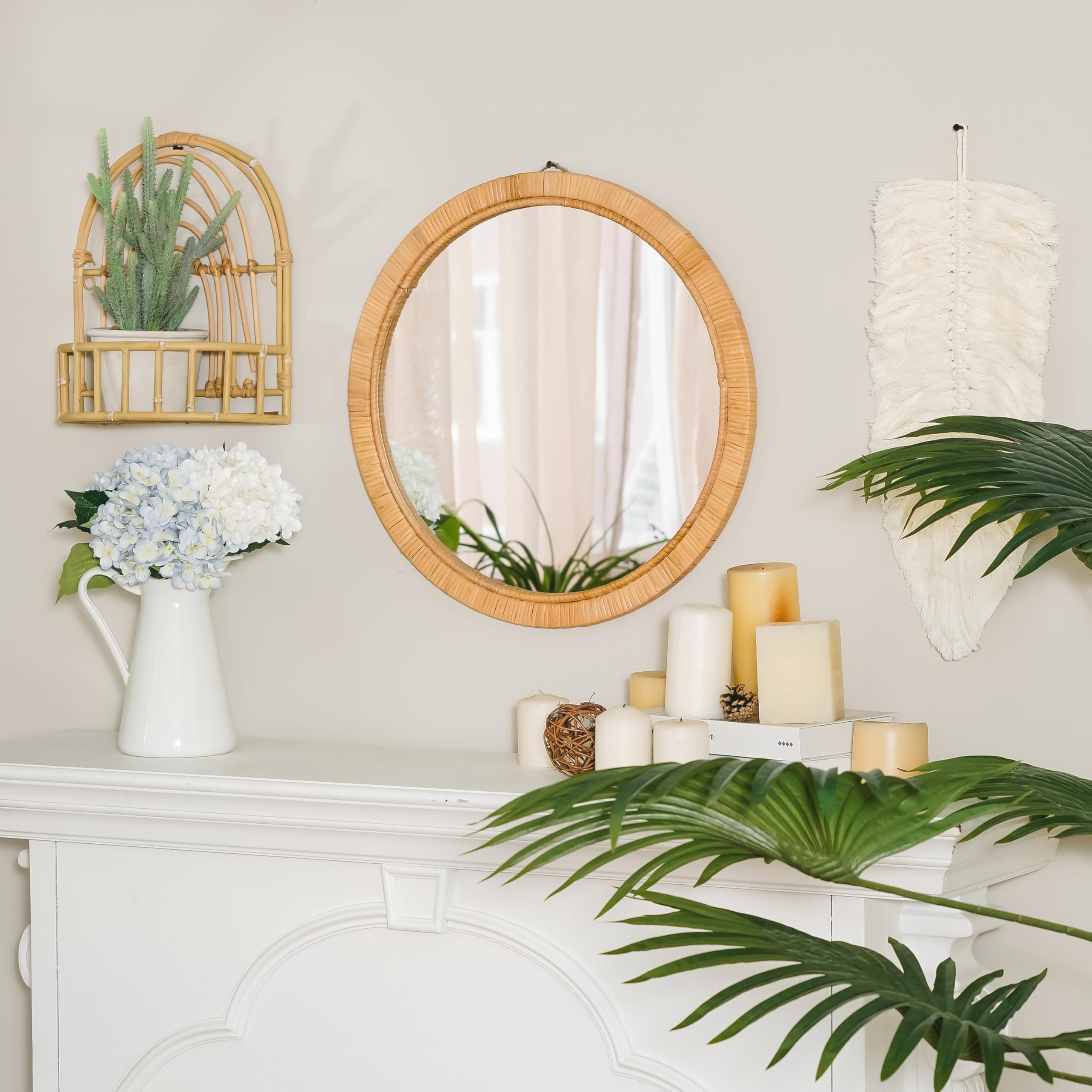 Rattan Wall Mirror Rattan Framed Round Mirror Decorative Farmhouse Hanging Mirror