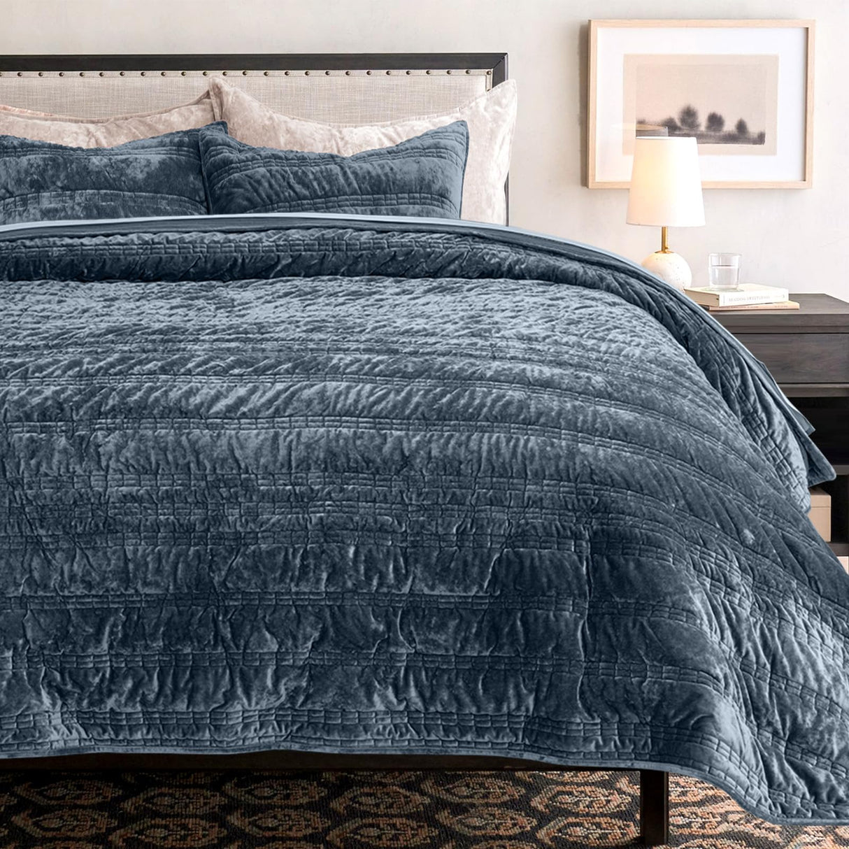 Luxury Ruched Velvet Quilt King Size, Ultra Soft Bedspread Coverlet Set