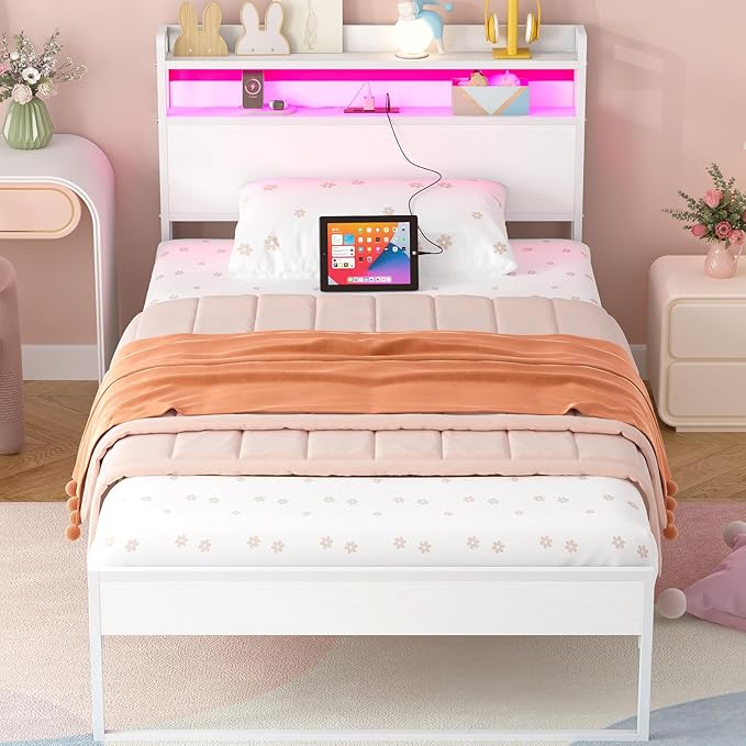 Twin Bed Frames with Charging Station and LED Lights, Metal Bed Frame