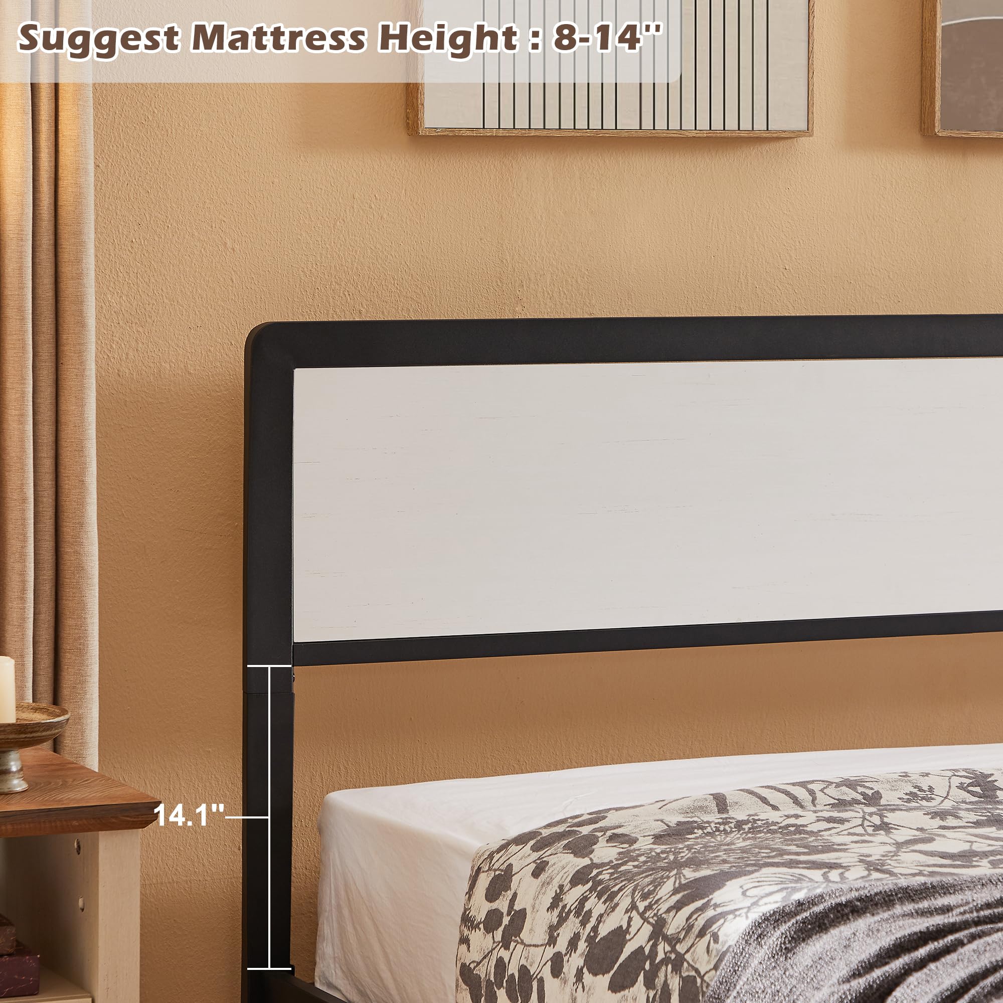 Queen Size Metal Platform Bed Frame with Wood Headboard,9 Strong Support Metal Legs,