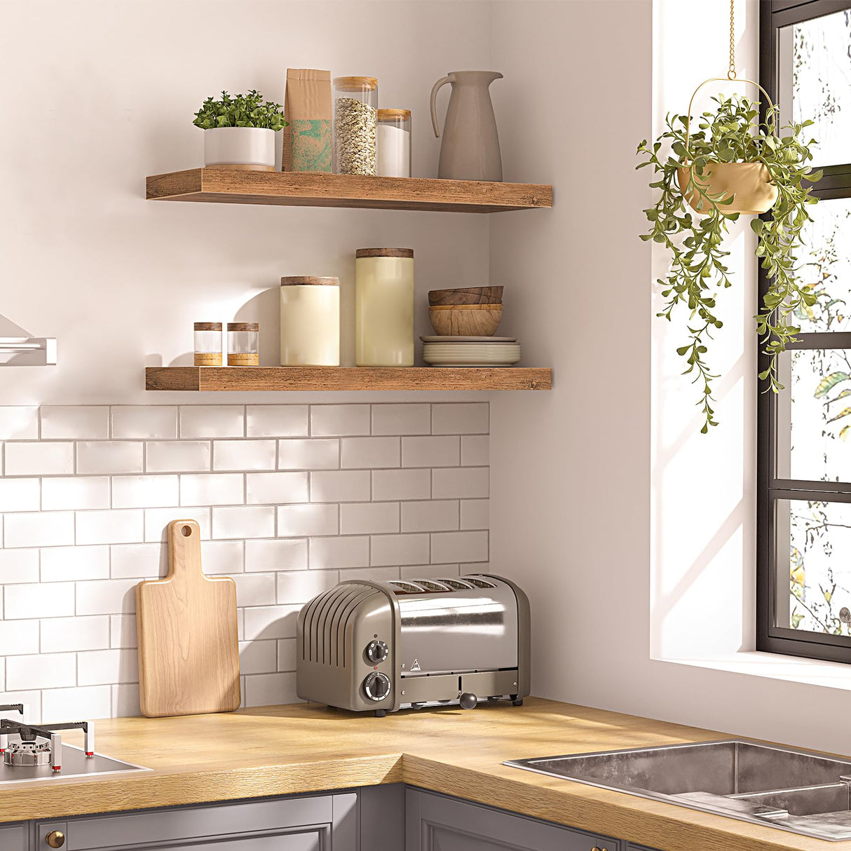 Floating Shelves and Floating Corner Shelves Bundle, Set of 2, for Wall Decor in Bathroom