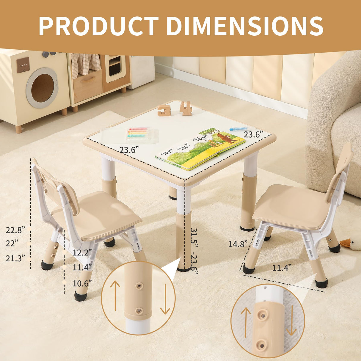 Hulaibit Kids Table and 2 Chairs Set, Height Adjustable Toddler Table and Chairs with Anti-Slip Foot Covers, Graffiti Desktop Arts & Crafts Table for Daycare, Classroom