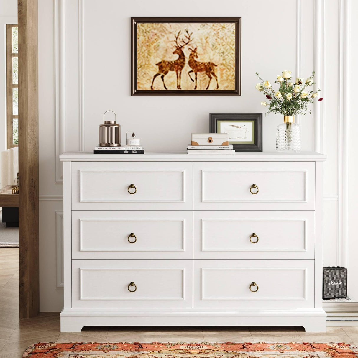 HOSTACK 6 Drawers Dresser for Bedroom, White Dressers & Chests of Drawers, 47.2" Wide Wood Double Dresser, Modern Farmhouse Storage Dressers, 6 Drawer Chest for Living Room, Entryway, Hallway