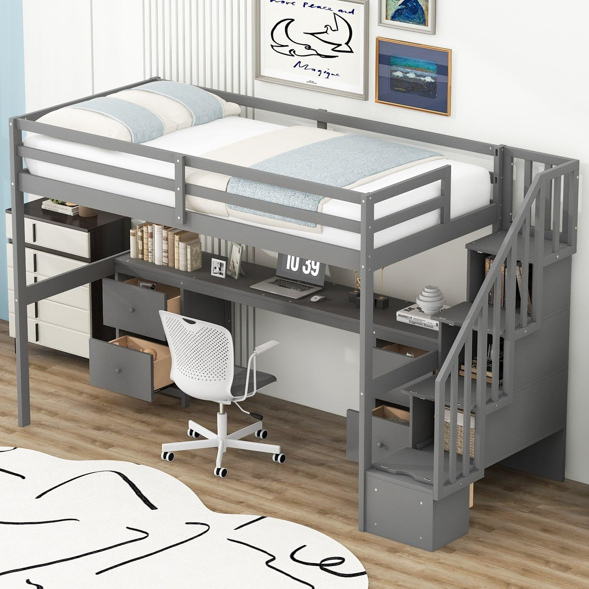 Twin Size Loft Bed Frame with Built-in Desk and Double Storage Drawers