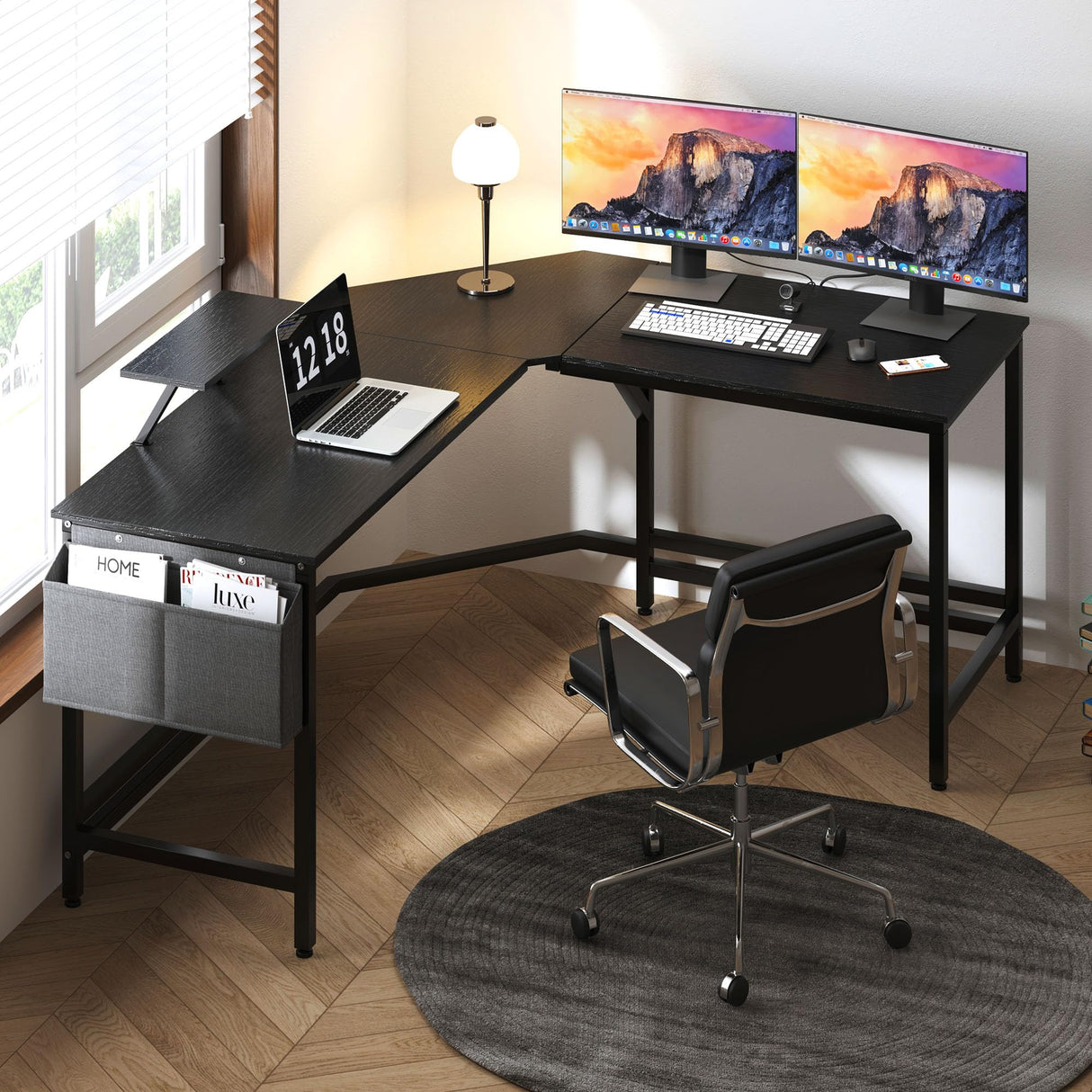 L-Shaped Desk with Side Storage Bag, 59 inch L Shape Computer Desk with Monitor Stand, Home Office Desk for Corner, Gaming Desk, Writing Desk, Reading Table, L Desk, Black