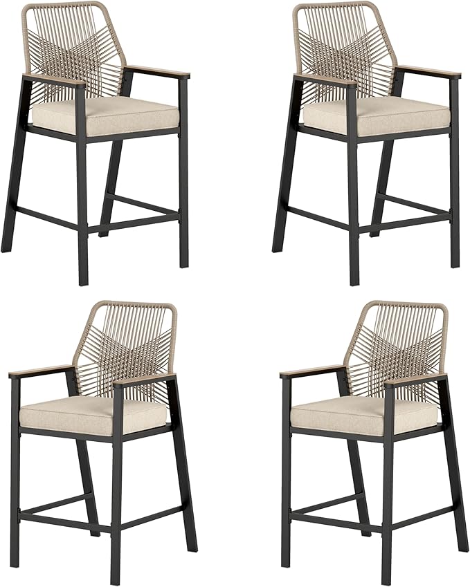Outdoor Bar Stools Set of 2, 360° Wicker Swivel Bar Stool with Armrest,