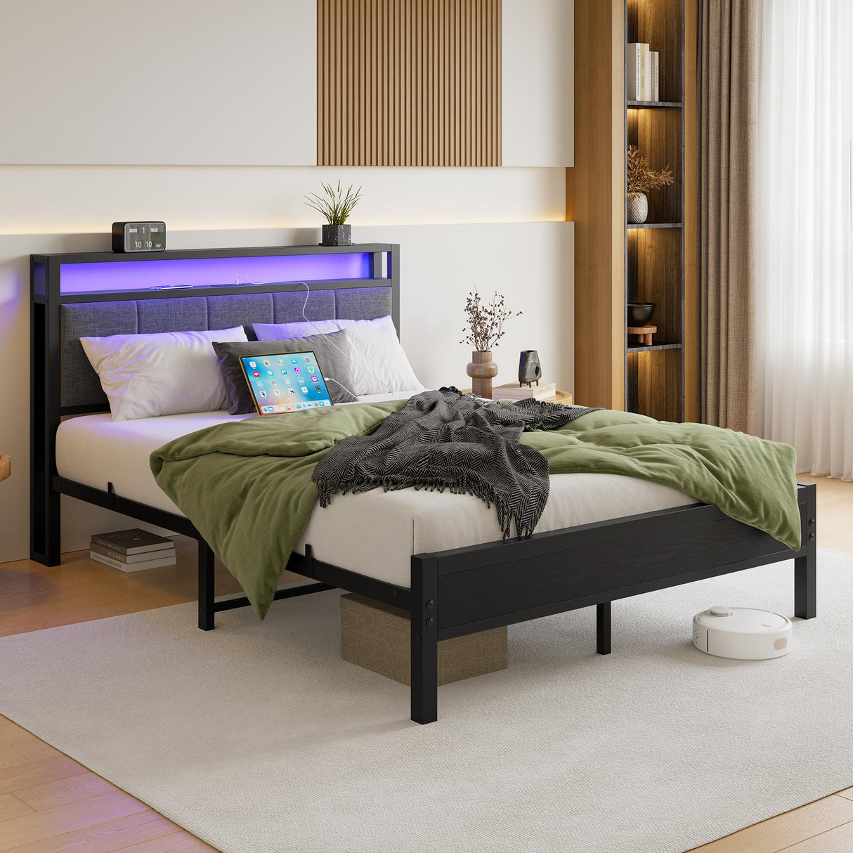 Queen Bed Frame with Headboard Storage,Upholstered Platform Bed Frame Queen Size