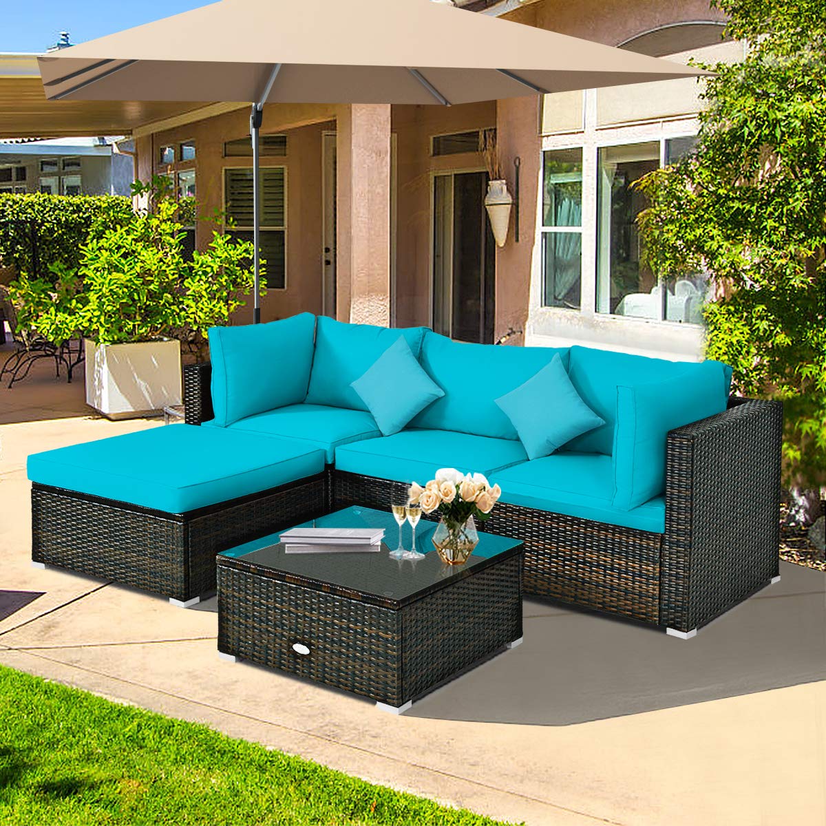 5-Piece Outdoor Patio Conversation Set with Cushions - Rattan Wicker Sectional Sofa & Coffee Table