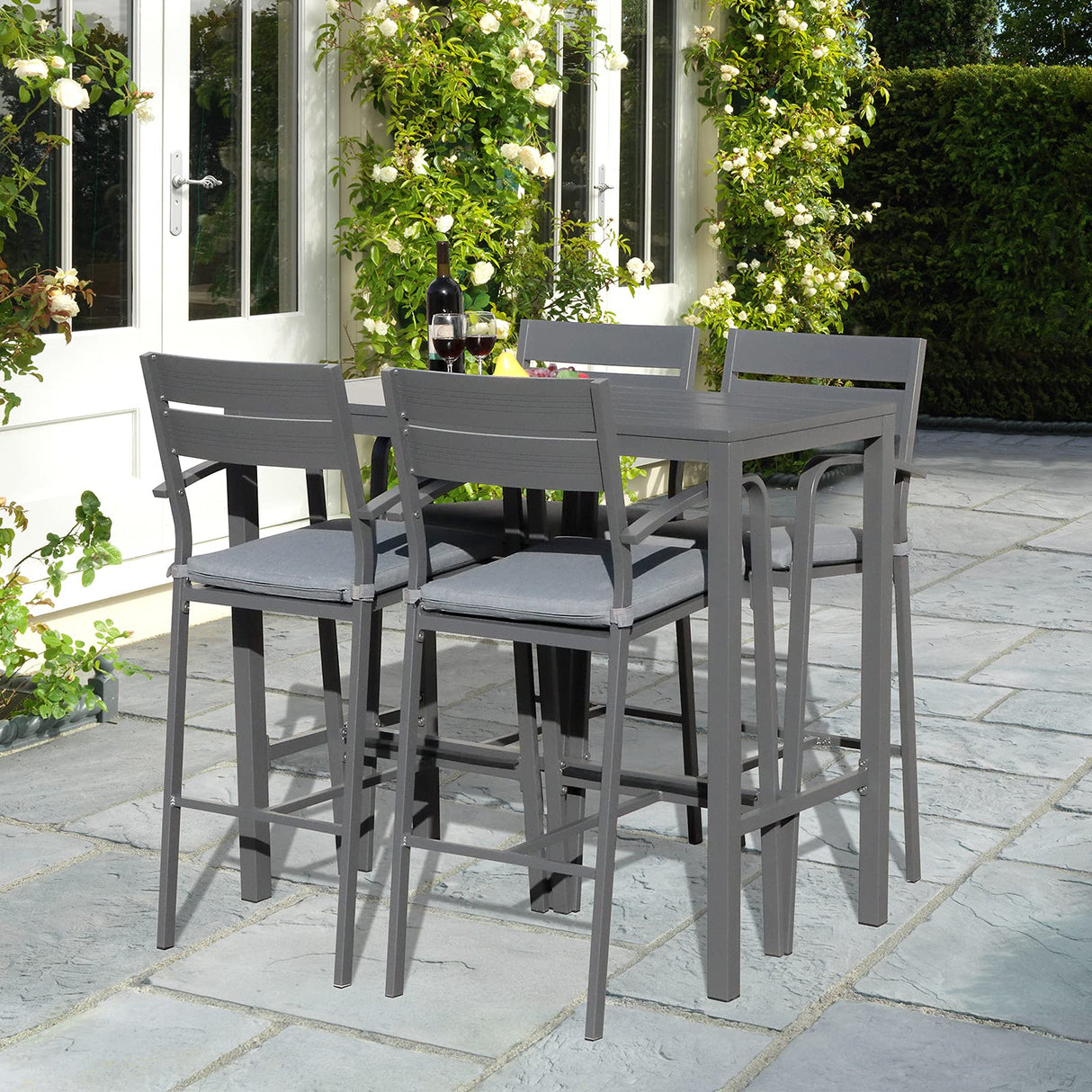 Outdoor Aluminum 5-piece Bar Set, Dining Bistro Pub Set, Patio Bar Height chairs