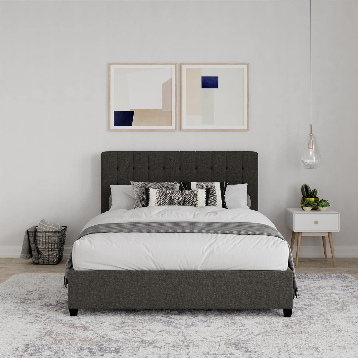 Emily Upholstered Platform Bed with Modern Vertical Tufted Headboard