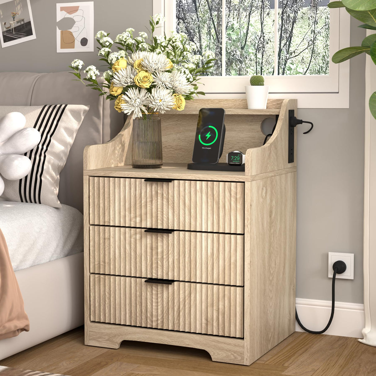 Nightstand with Charging Station Bedside Table Night Stand with 3 Drawer Mid-Century