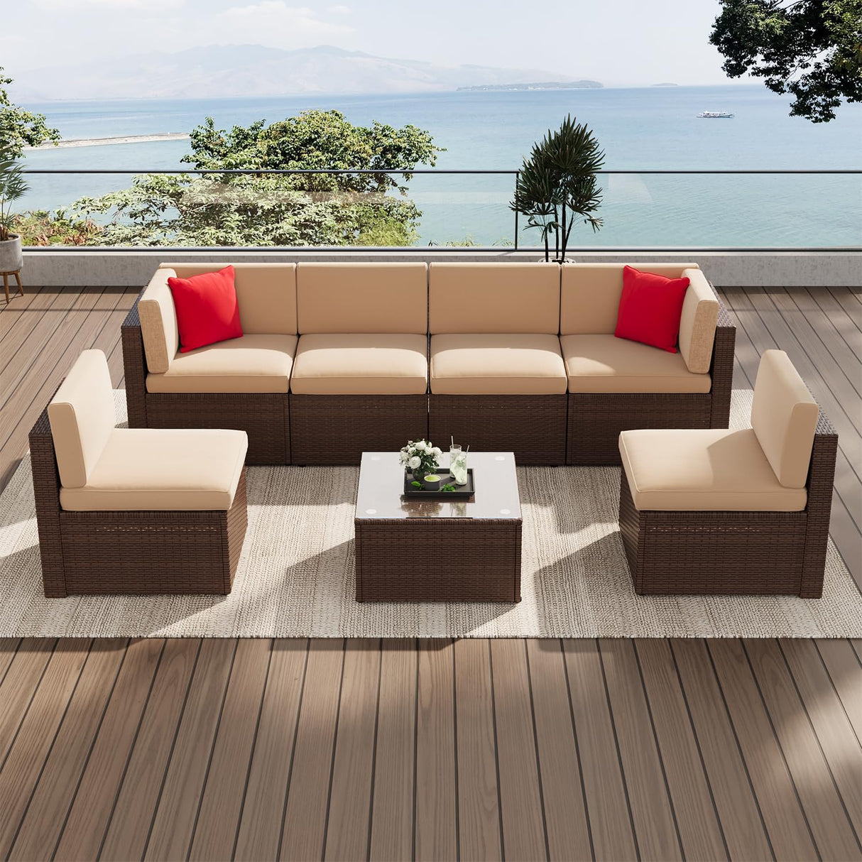 7-Piece Outdoor Patio Furniture Set – Compact Wicker Rattan Sectional Sofa