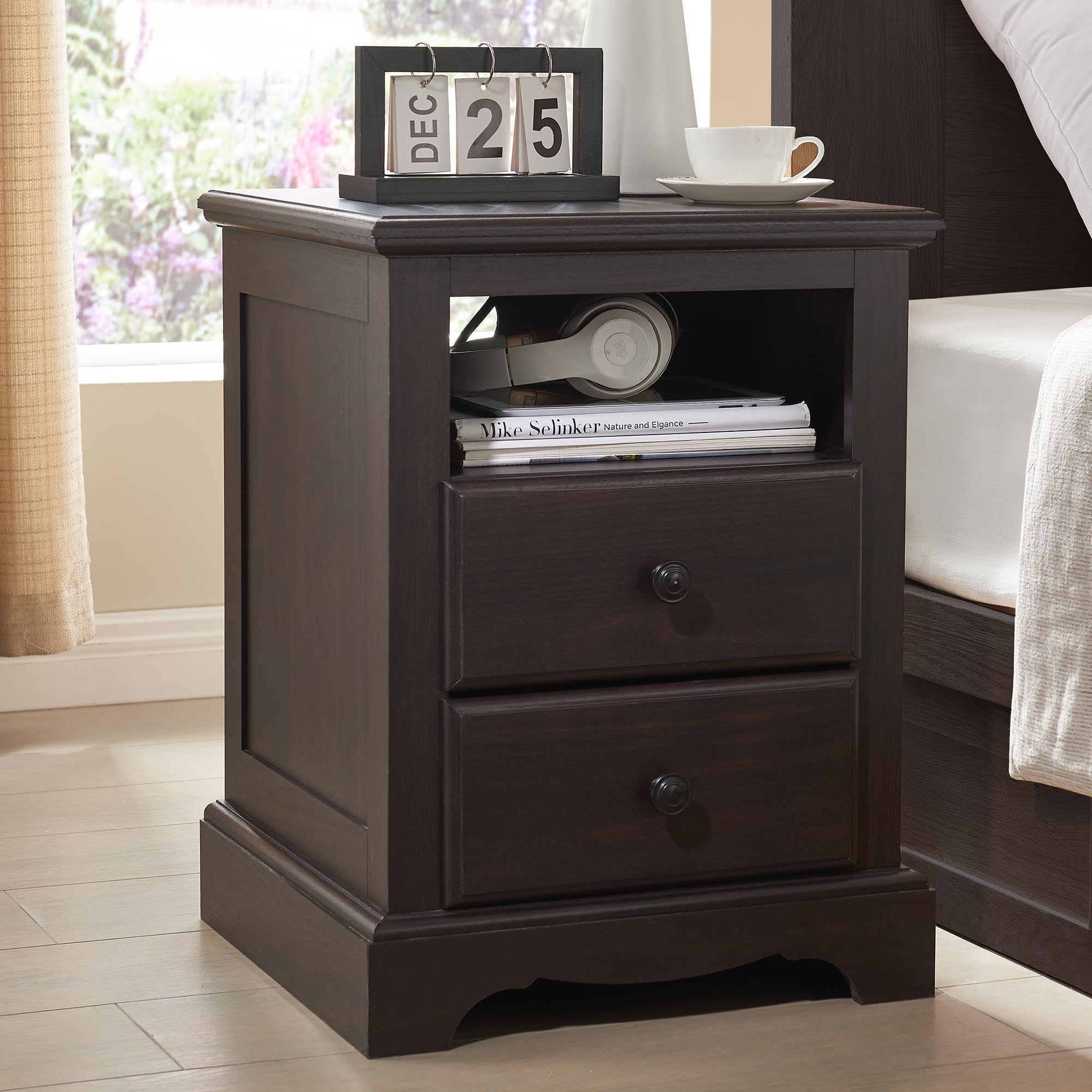 Nightstand with Charging Station, 18 Inch Vintage End Table