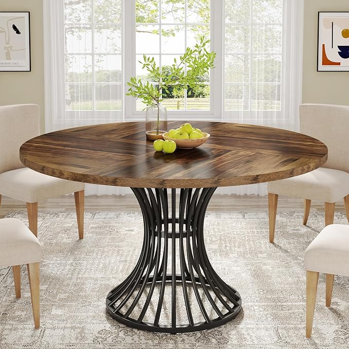 47-Inch Round Dining Table - Farmhouse Industrial Style with Metal Base