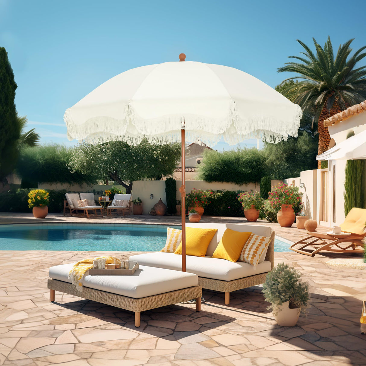 7ft Beach Umbrella with Fringe & Sand Anchor, Outdoor Patio Heavy Duty Windproof Portable