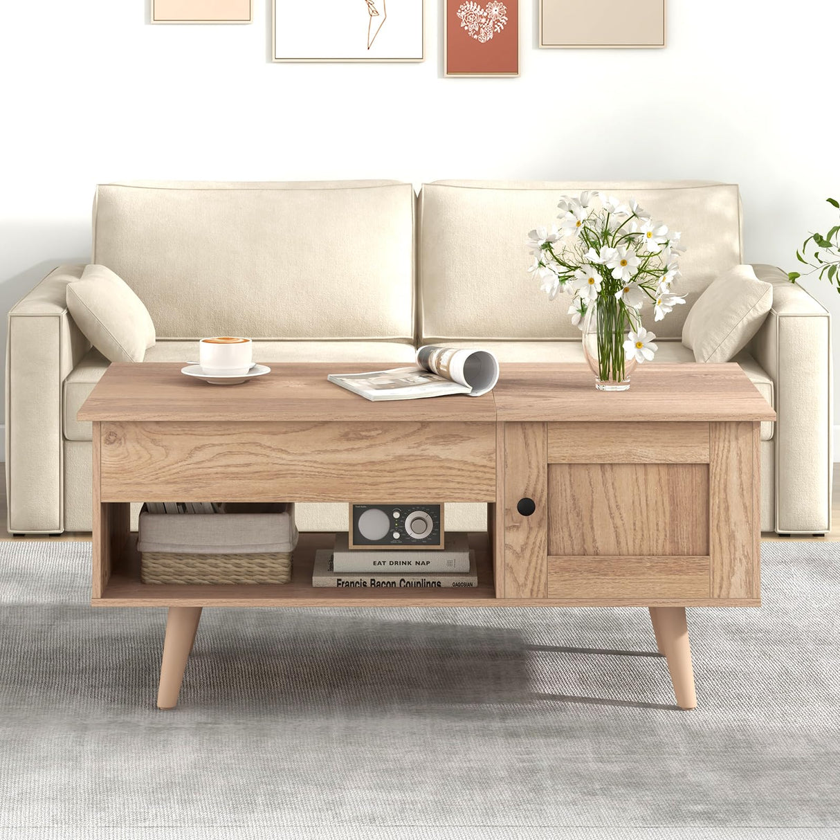 Lift Top Coffee Table, Modern Cocktail Table with Hidden Compartment