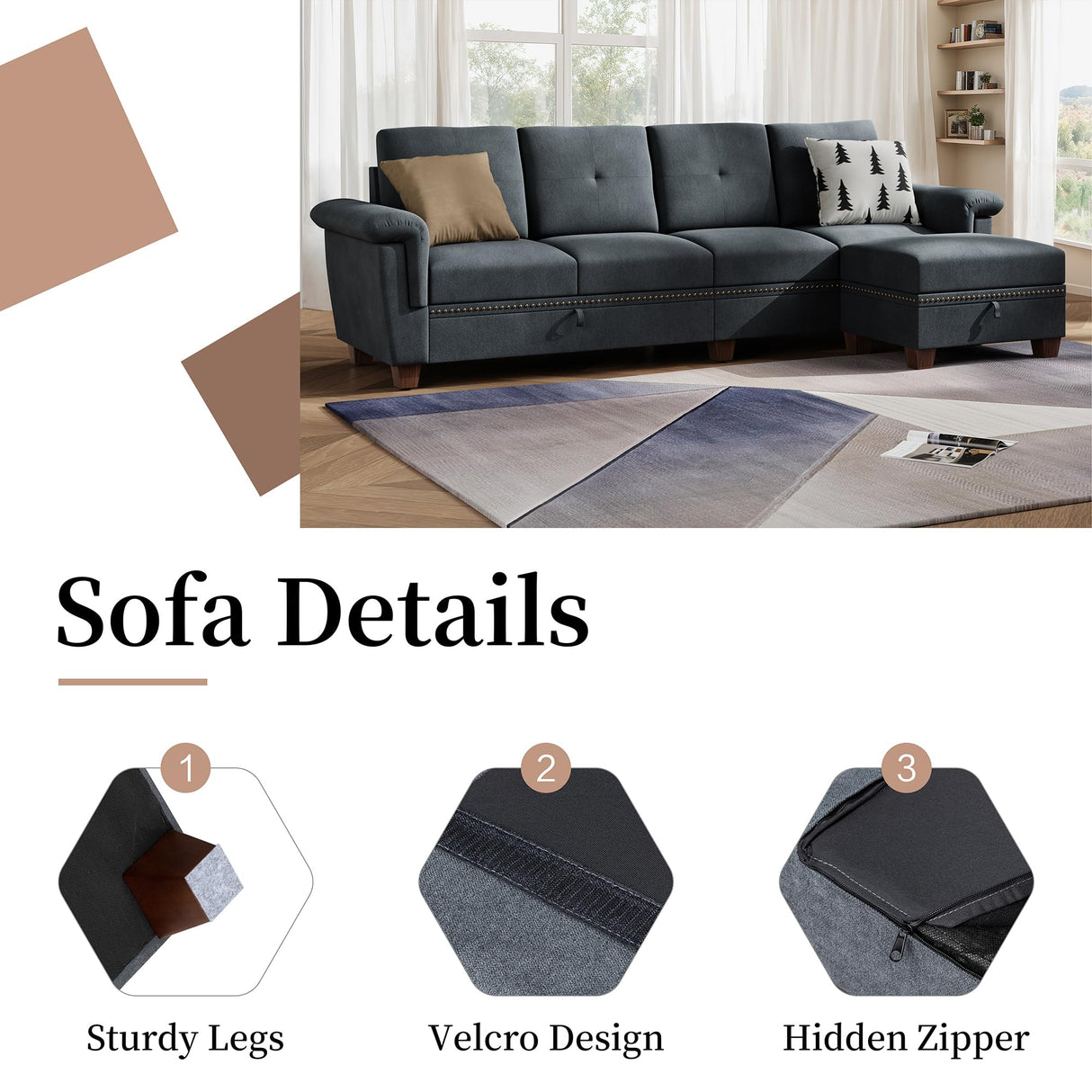 Jamfly 107" Convertible L-Shaped Sectional Sofa with Storage & Cup Holders